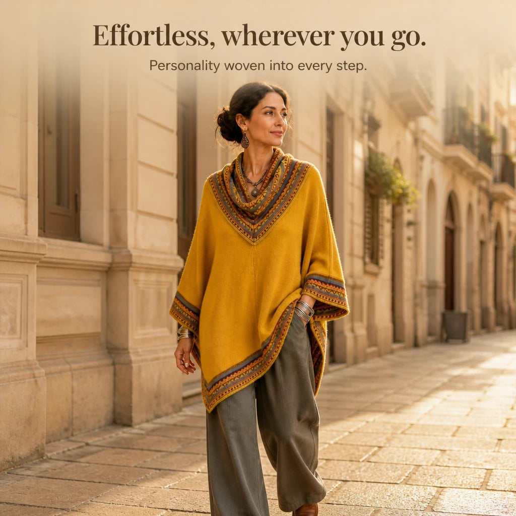 Cowl & Clover – Geometric Cowl-Neck Knit Poncho Top