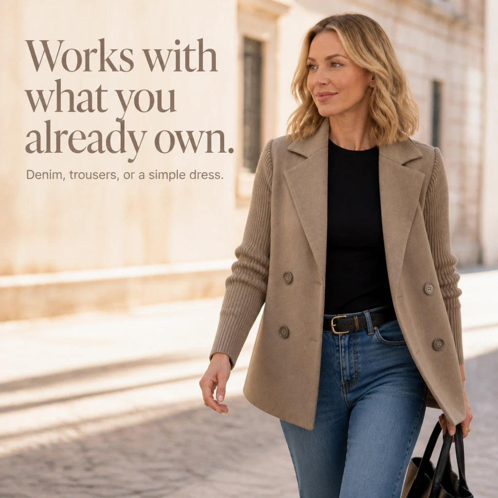 Celeste – Suede-Look Double-Breasted Knit-Sleeve Jacket