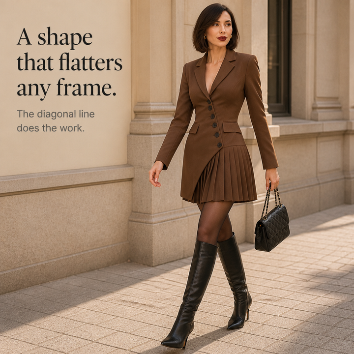 Blazelle – Diagonal Button Asymmetric Pleated Blazer Mini Dress