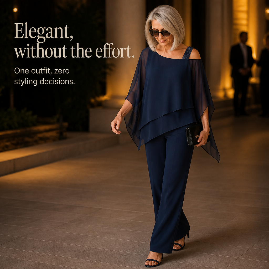 Elowen – Asymmetrical Chiffon Overlay Wide-Leg Pants Set