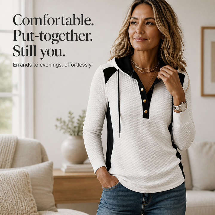 Wearbella – Waffle-Knit Colorblock Button V-Neck Hoodie