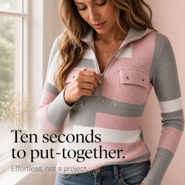 Ribette – Colorblock Ribbed Zip-Up Hooded Top