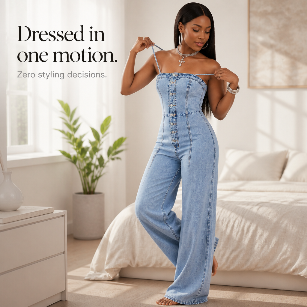 Wearbella – Wide Leg Spaghetti Strap Denim Jumpsuit