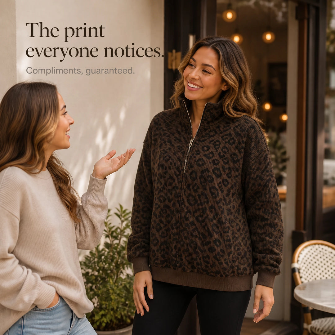 Roamprint – Leopard Print Oversized Quarter-Zip Sweatshirt