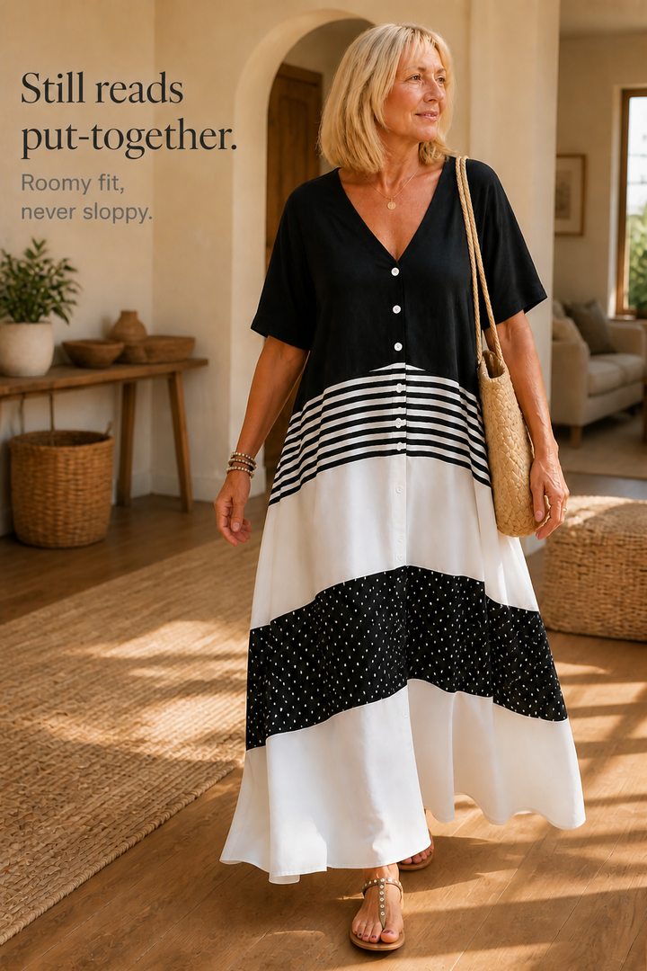 Lineluxe – V-Neck Button-Up Flowy Maxi Dress