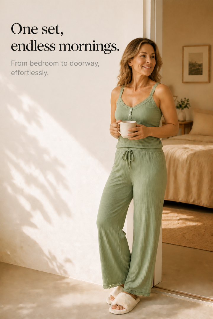 Softavie – Ribbed Lace-Look Trim Two-Piece Lounge Set
