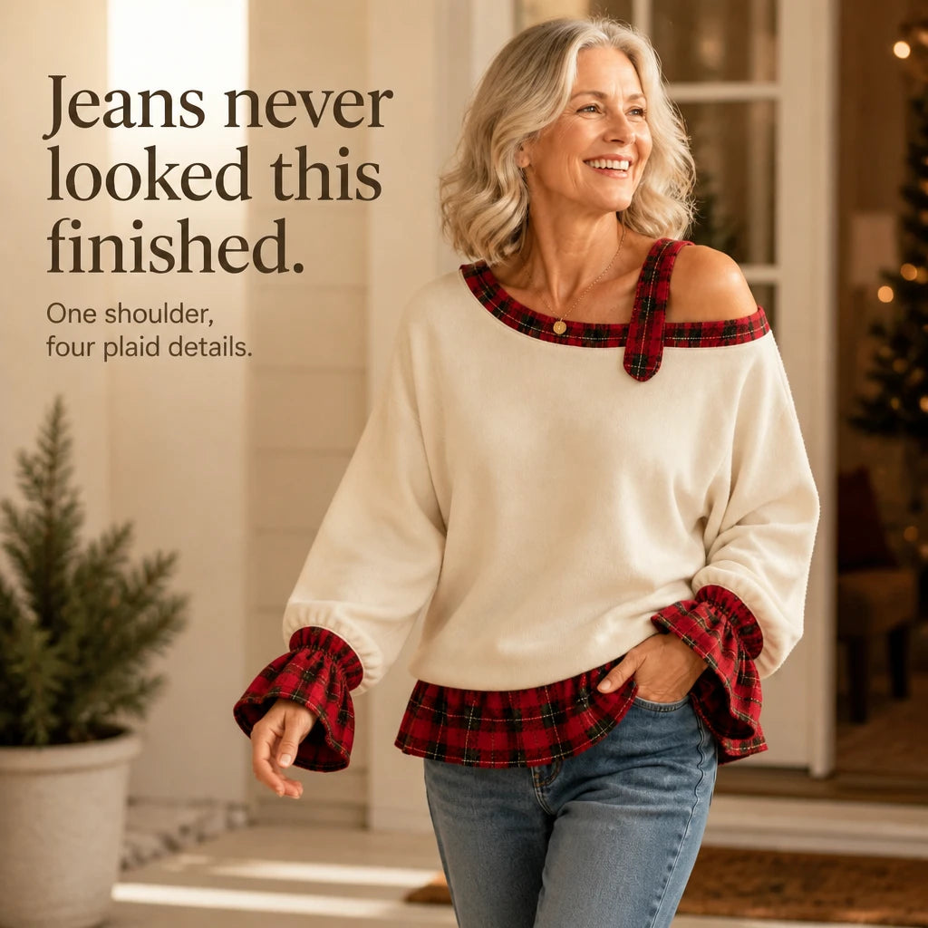 Plaidella – Plaid Ruffle Off-Shoulder Sweatshirt