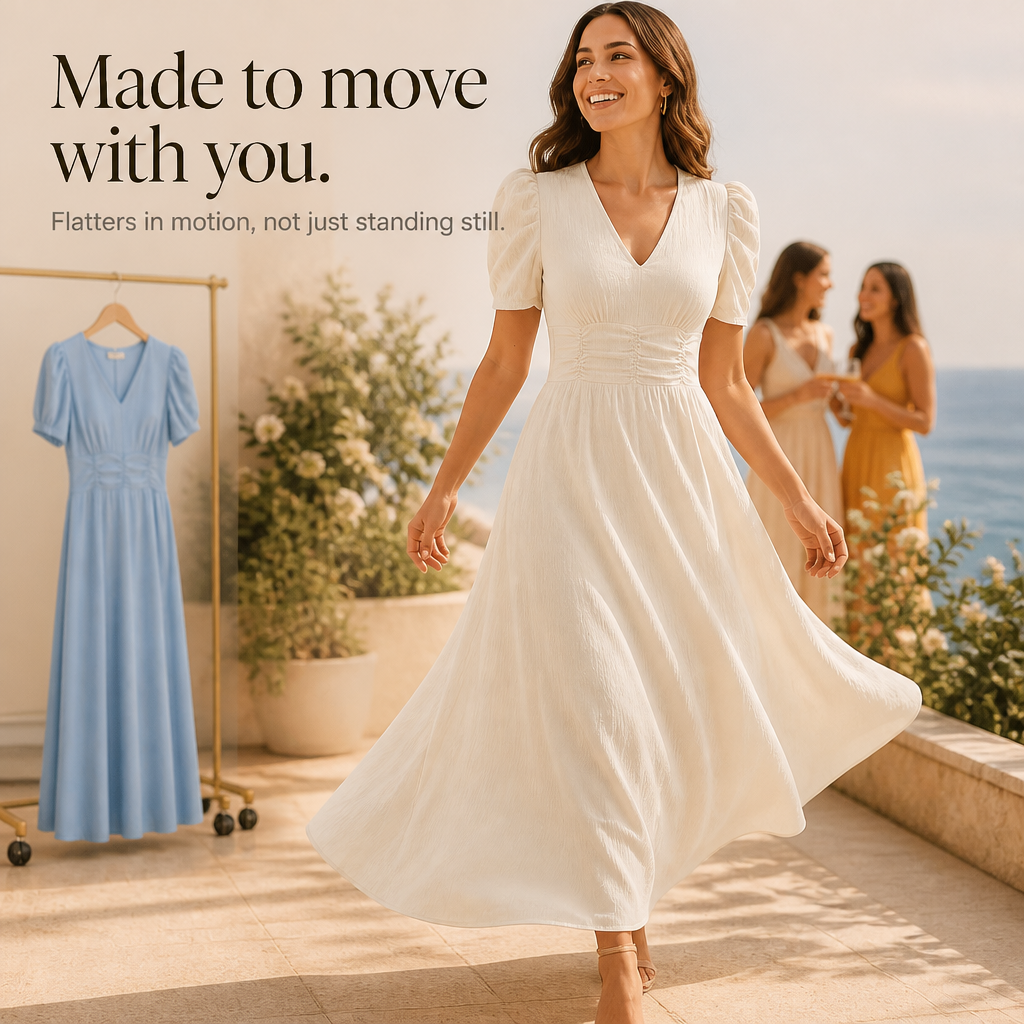 Wearbella – Ruched Waist Puff Sleeve V-Neck Midi Dress