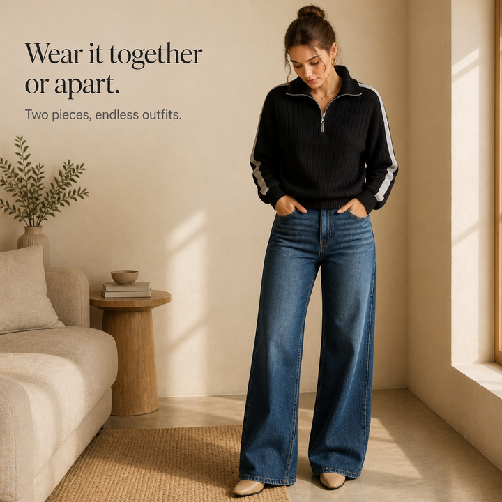 Ribelle – Ribbed Half-Zip Wide-Leg Lounge Set