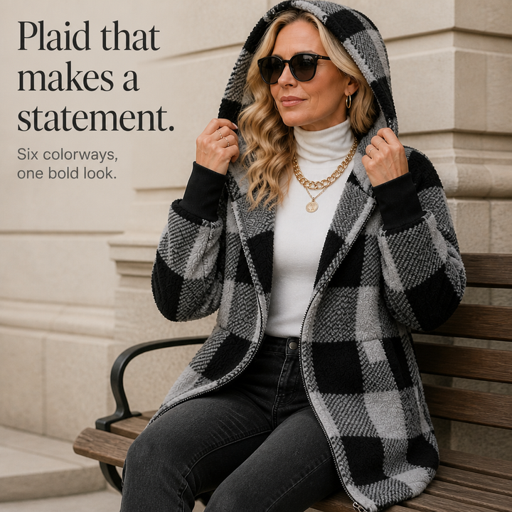 Plaidelle – Oversized Plaid Hooded Fleece Cardigan