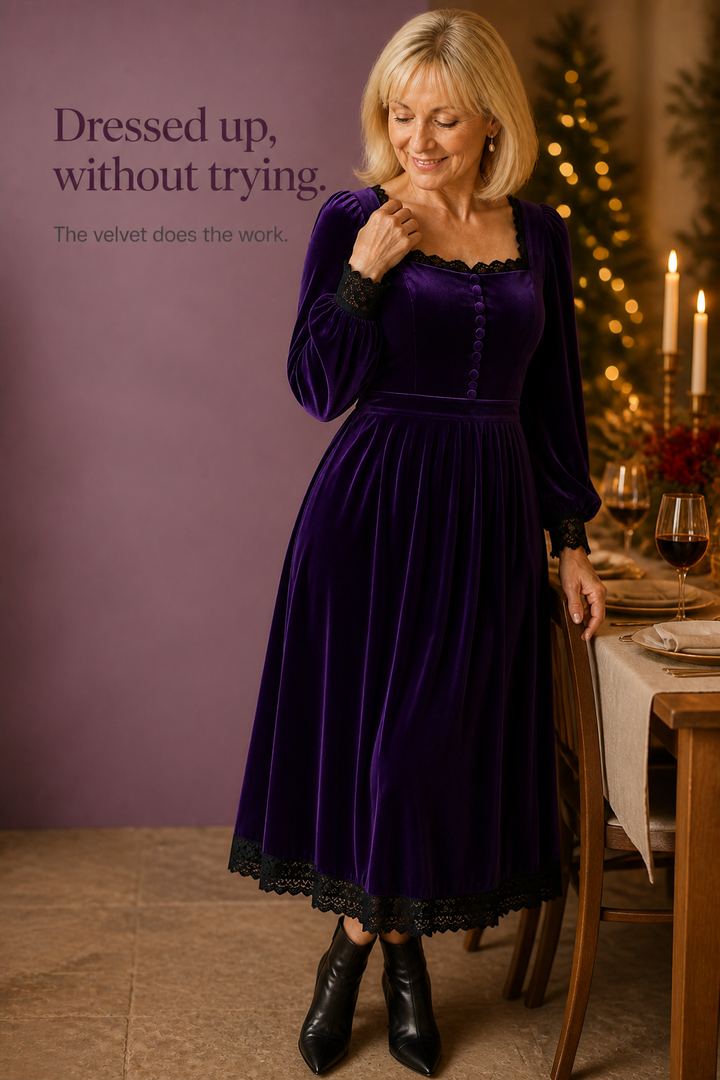 Velourette – Square Neck Fitted Waist Velvet Midi Dress