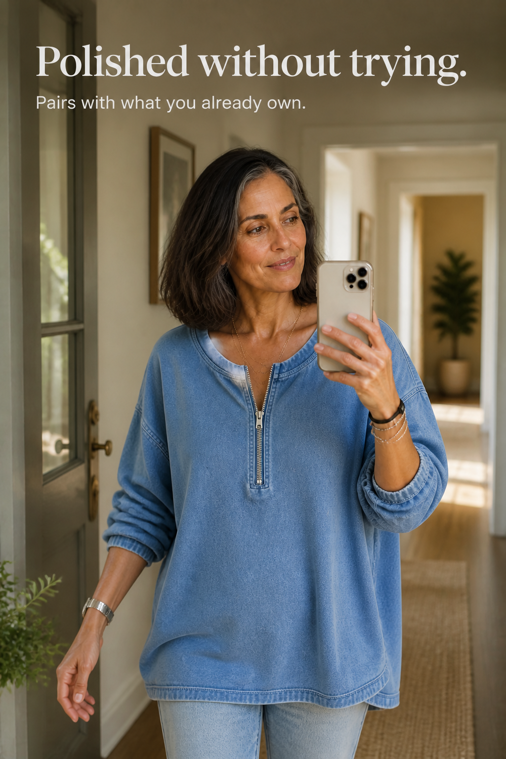 Zipdenim – Half-Zip Denim-Look Blouse
