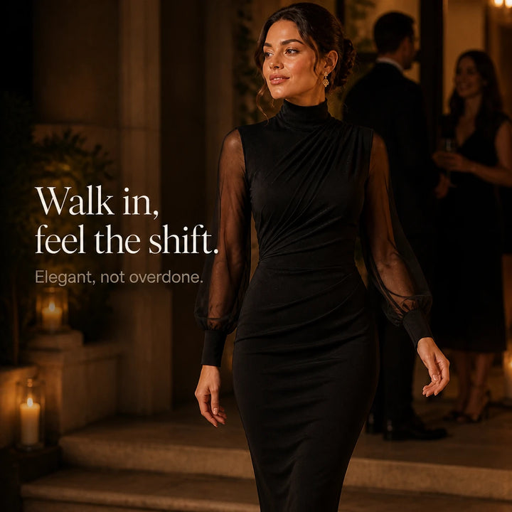 Veloura – Mock Neck Sheer-Sleeve Bodycon Midi Dress