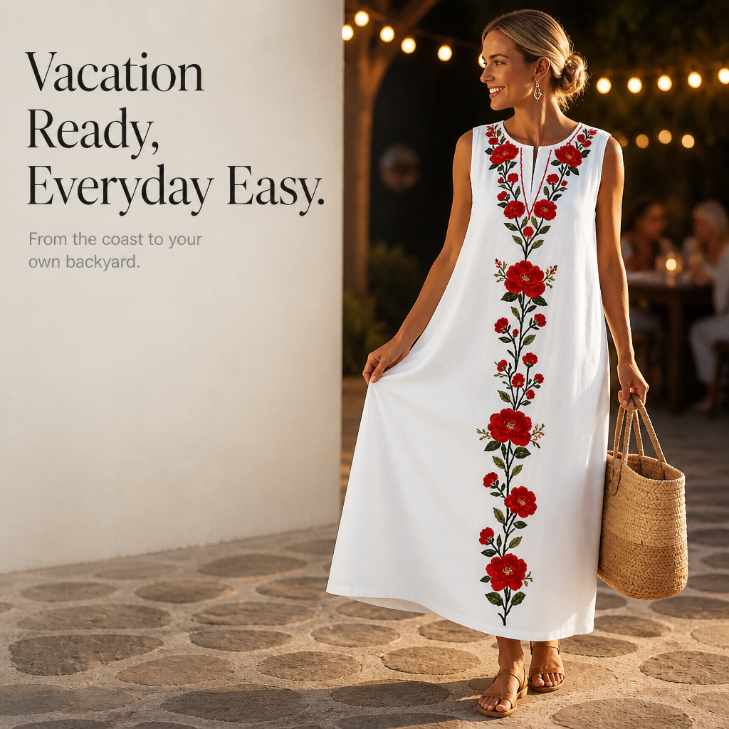 Lineluxe – Red Embroidered Sleeveless Maxi Dress