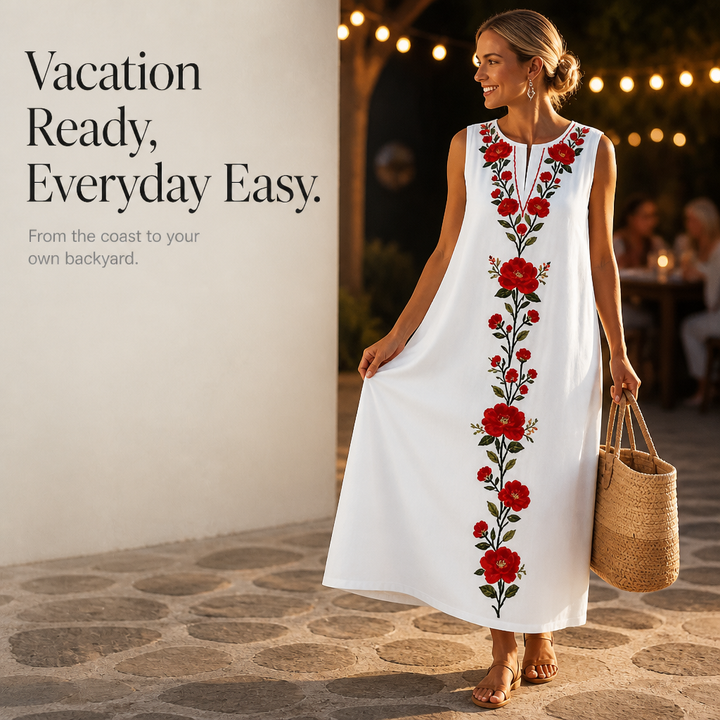 Lineluxe – Red Embroidered Sleeveless Maxi Dress
