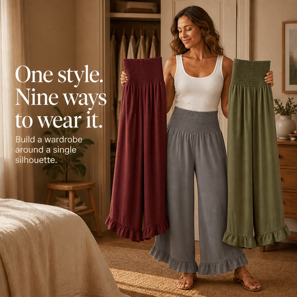 Linora – Cotton-Linen Smocked High-Waist Palazzo Pants