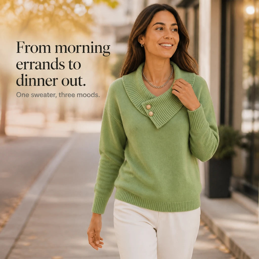 Foldelle – Asymmetrical Ribbed Collar Button Sweater