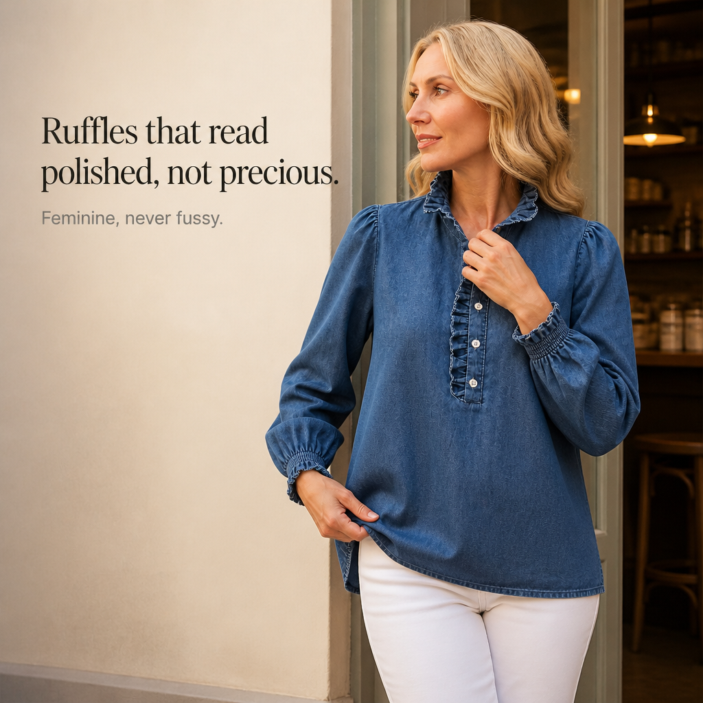 Ruffle & Row – Ruffle Collar Puff-Sleeve Denim Top