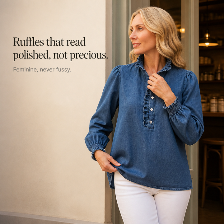 Ruffle & Row – Ruffle Collar Puff-Sleeve Denim Top