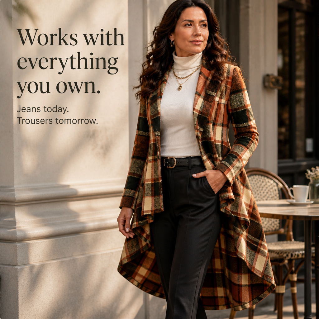 Wearbella – Cinched-Waist High-Low Plaid Peplum Coat