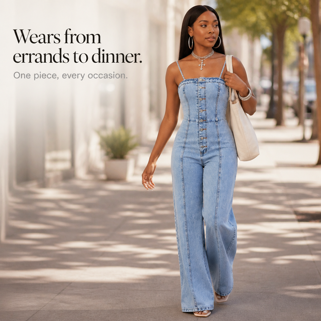 Wearbella – Wide Leg Spaghetti Strap Denim Jumpsuit