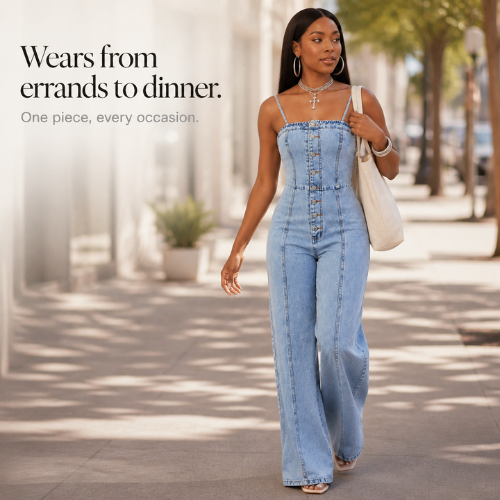 Wearbella – Wide Leg Spaghetti Strap Denim Jumpsuit