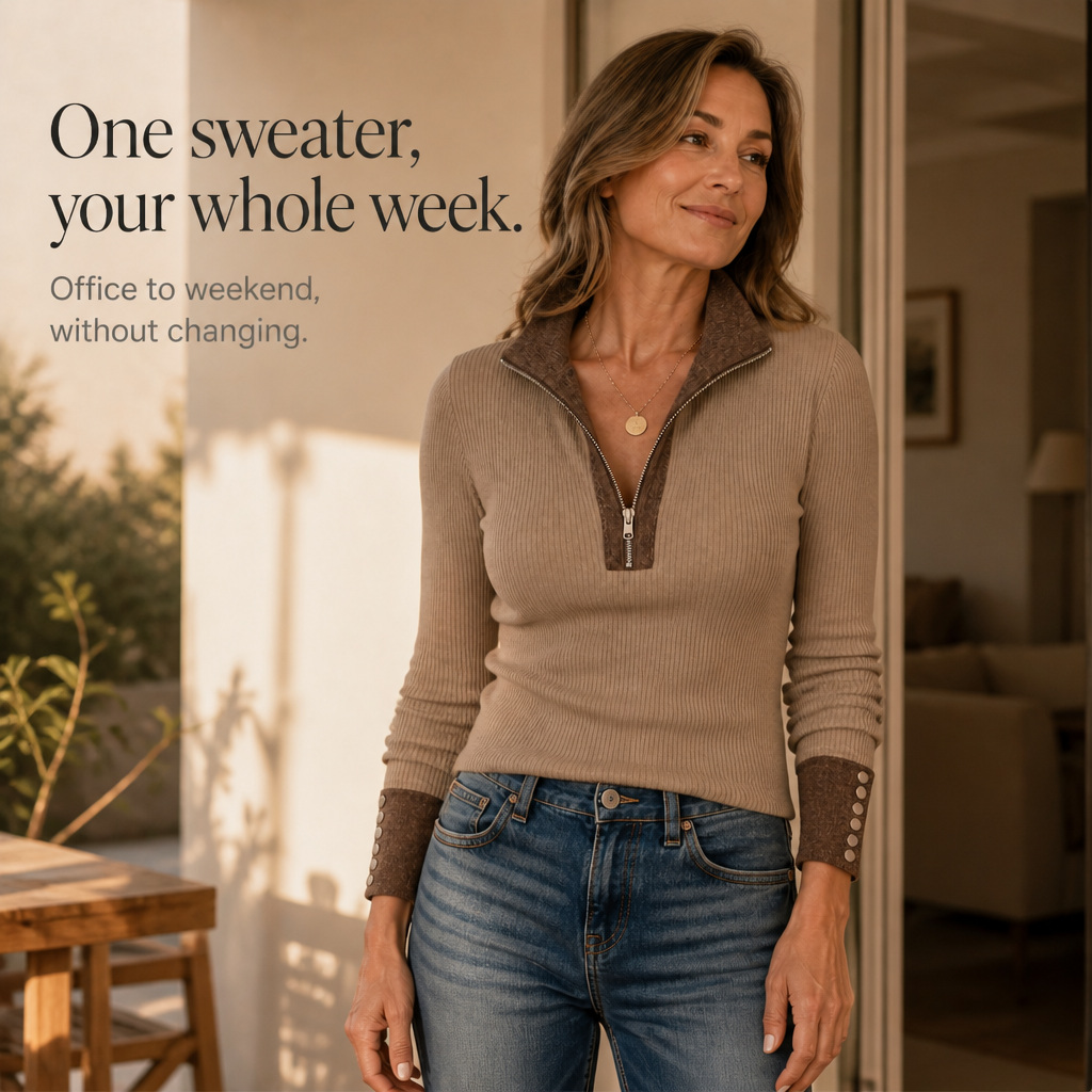 Ribvia – Contrast-Trim Quarter-Zip Mock Neck Sweater