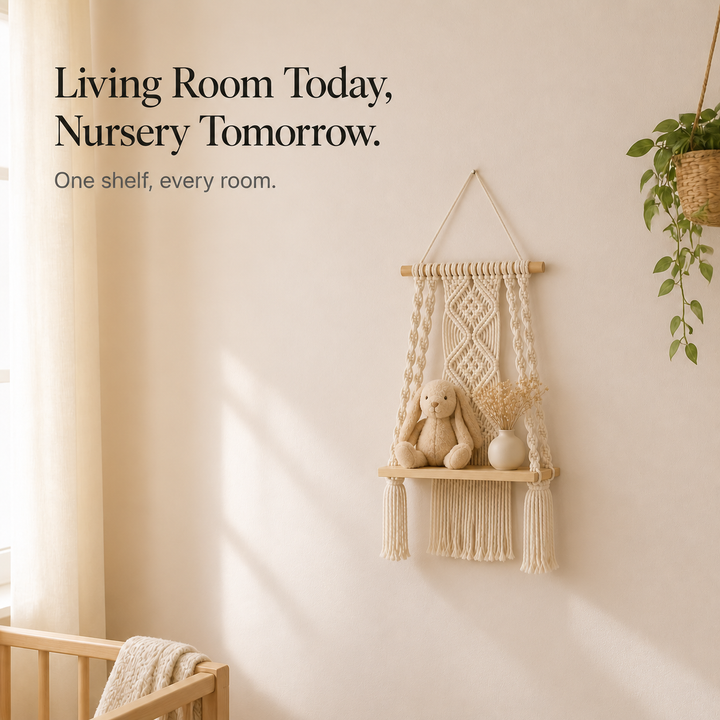 Woven Haven – Macramé Diamond Pattern Wooden Wall Shelf
