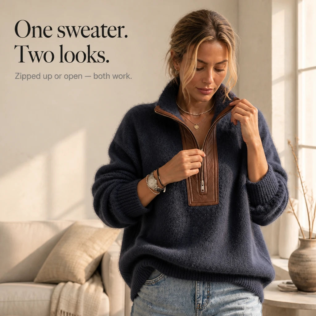 Wooluna – Fuzzy Contrast-Collar Half-Zip Sweater
