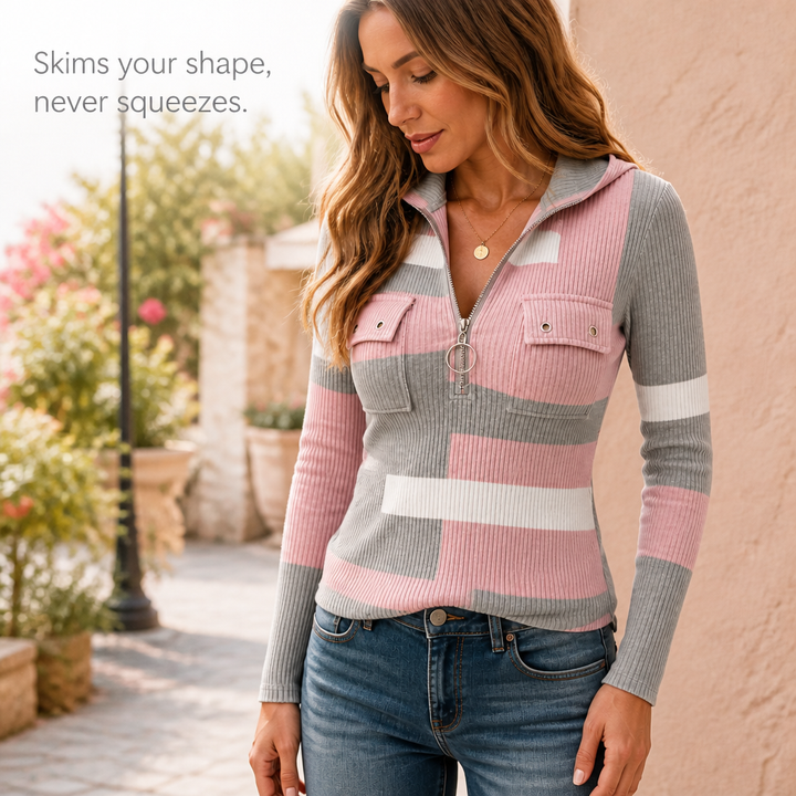 Ribette – Colorblock Ribbed Zip-Up Hooded Top