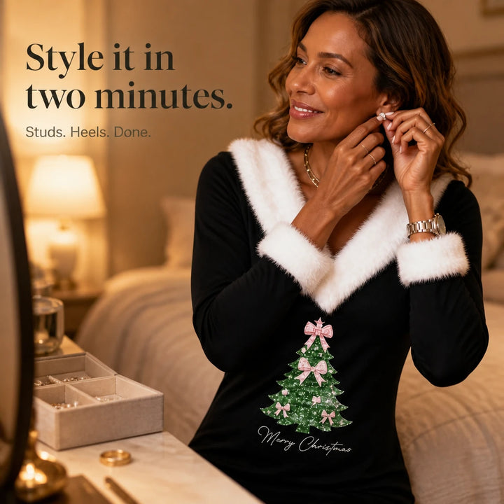 Tinsel Belle – Christmas Tree V-Neck Faux-Fur Collar Dress