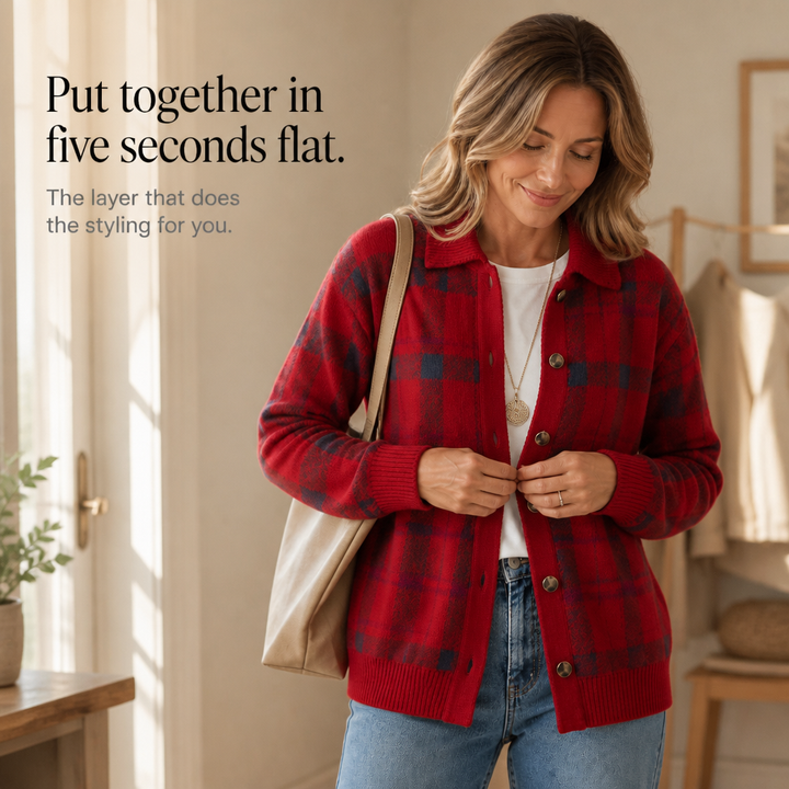 Plaidwell – Plaid Knit Collared Button-Front Cardigan