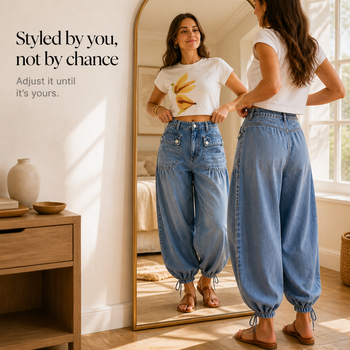 Balloon & Cinch – Drawstring Cuff Wide-Leg Balloon Jeans