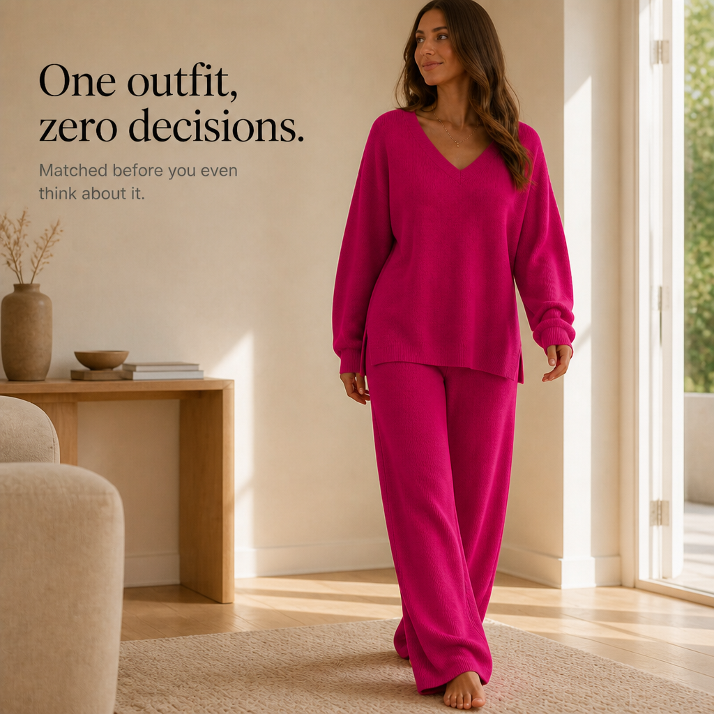 Vellora – V-Neck Knit Sweater And Wide-Leg Trouser Set