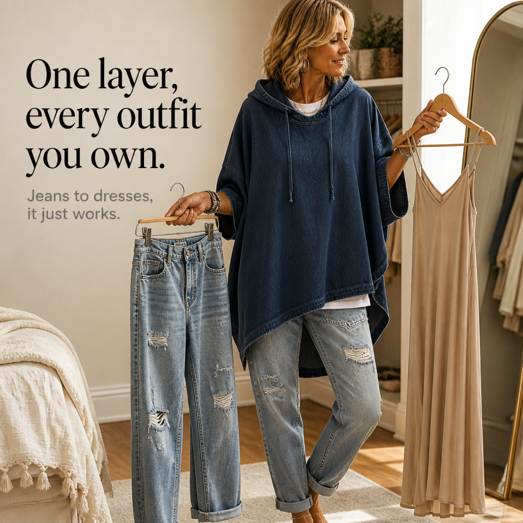 Wearlow – Oversized Washed Denim Look Hooded Poncho