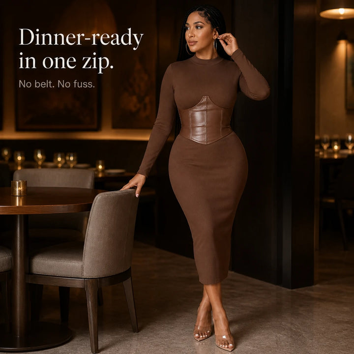 Velora – Corset-Waist Ribbed Knit Midi Dress
