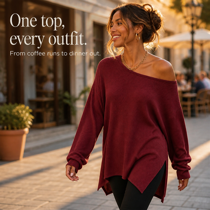 Veluna – Side-Slit Off-Shoulder Tunic Blouse