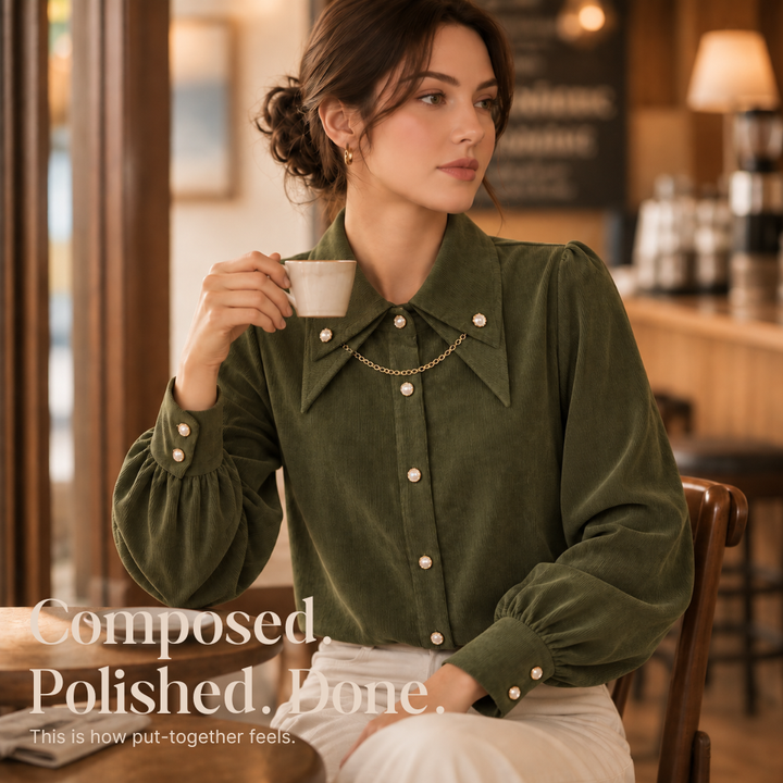Corduvia – Studded Collar Corduroy-Look Shirt With Detachable Chain