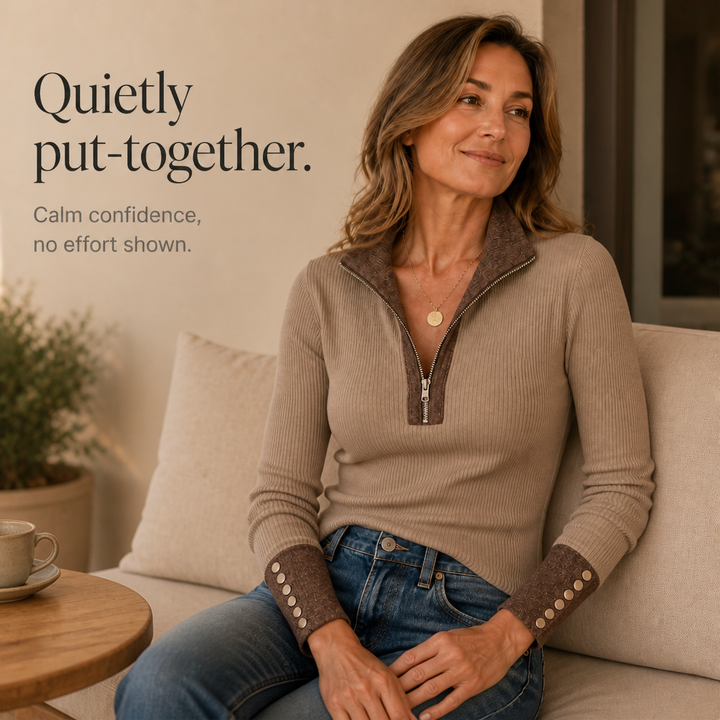 Ribvia – Contrast-Trim Quarter-Zip Mock Neck Sweater