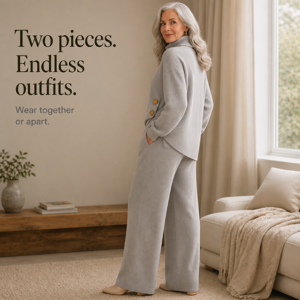 Wearbella – Asymmetric Button Hem Knit Turtleneck Set