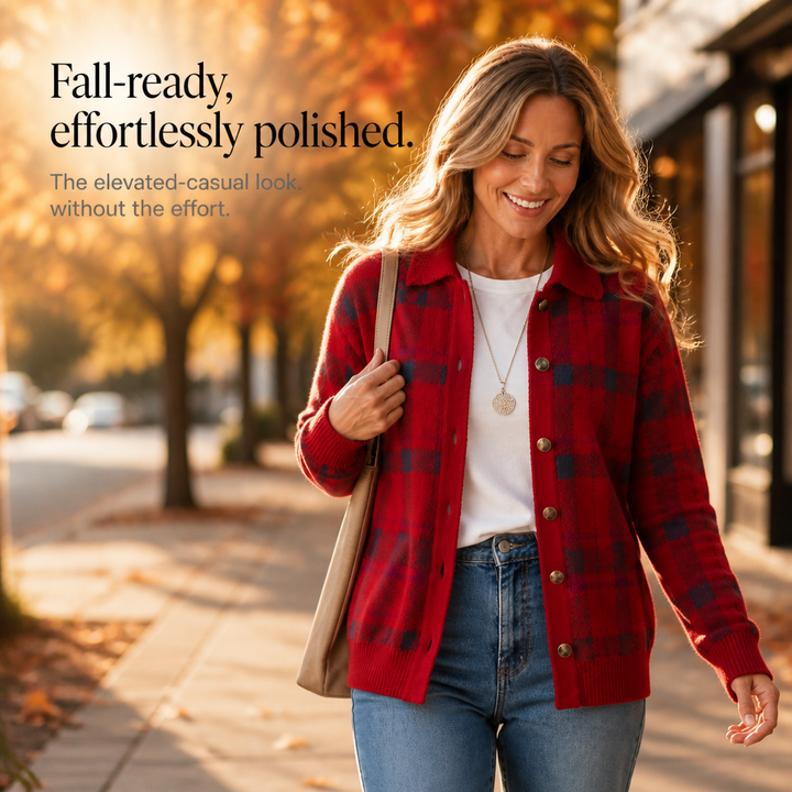 Plaidwell – Plaid Knit Collared Button-Front Cardigan