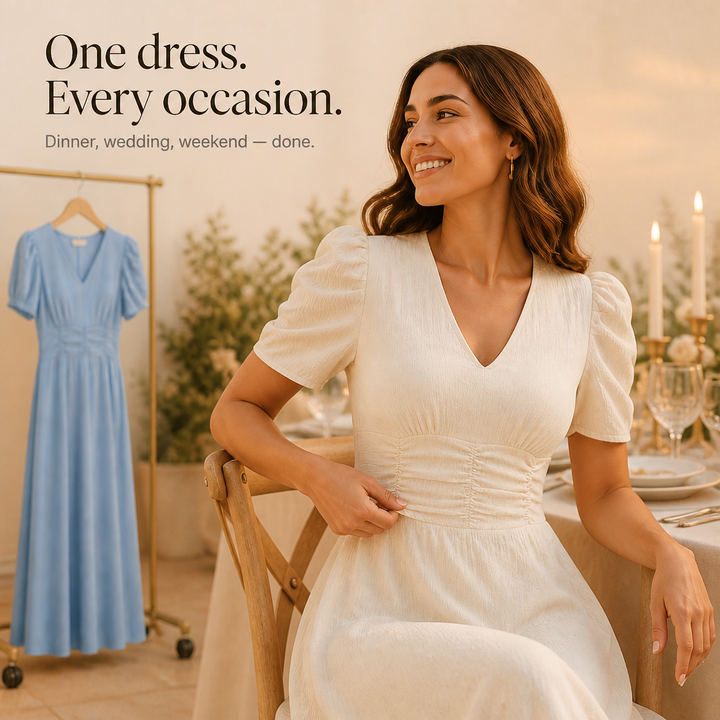 Wearbella – Ruched Waist Puff Sleeve V-Neck Midi Dress