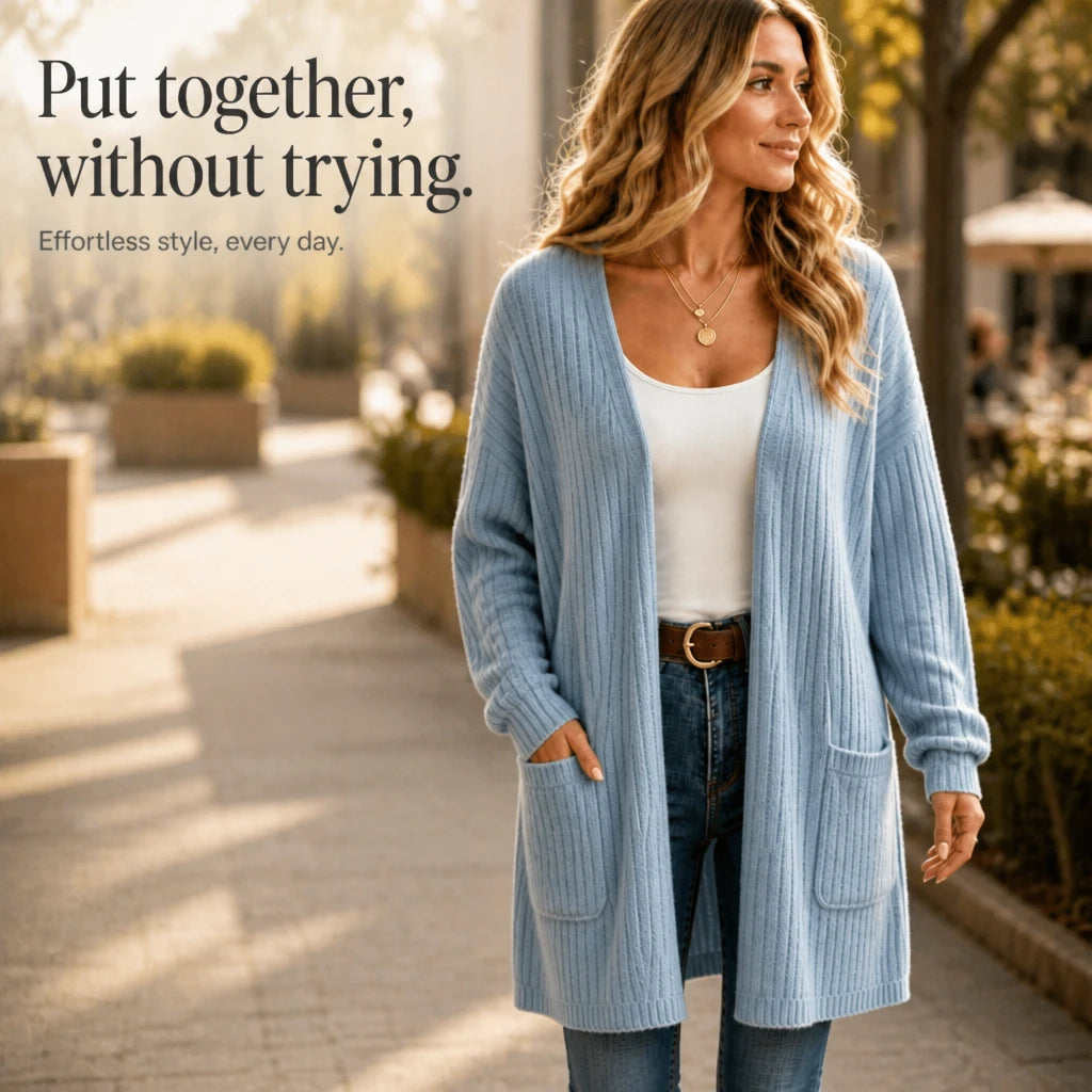 Aurelle – Long Ribbed Open-Front Cardigan