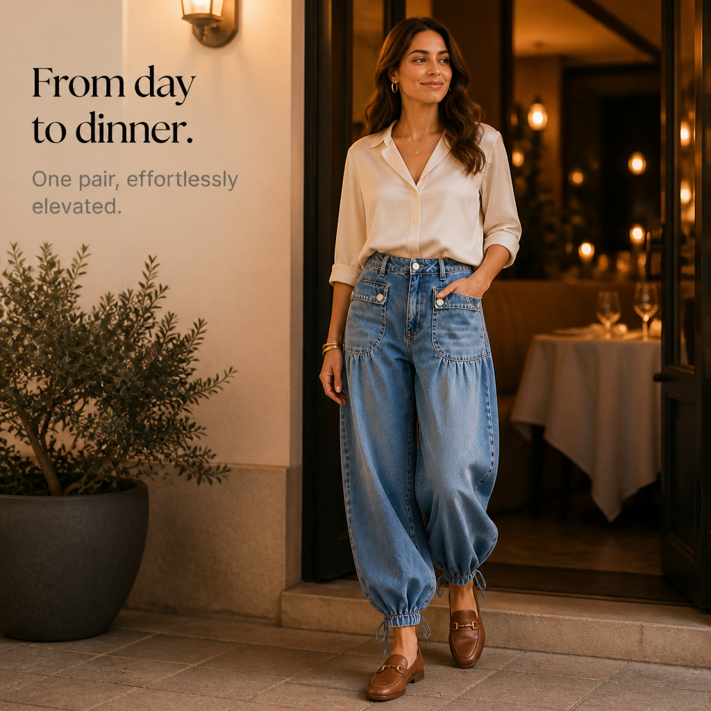 Balloon & Cinch – Drawstring Cuff Wide-Leg Balloon Jeans