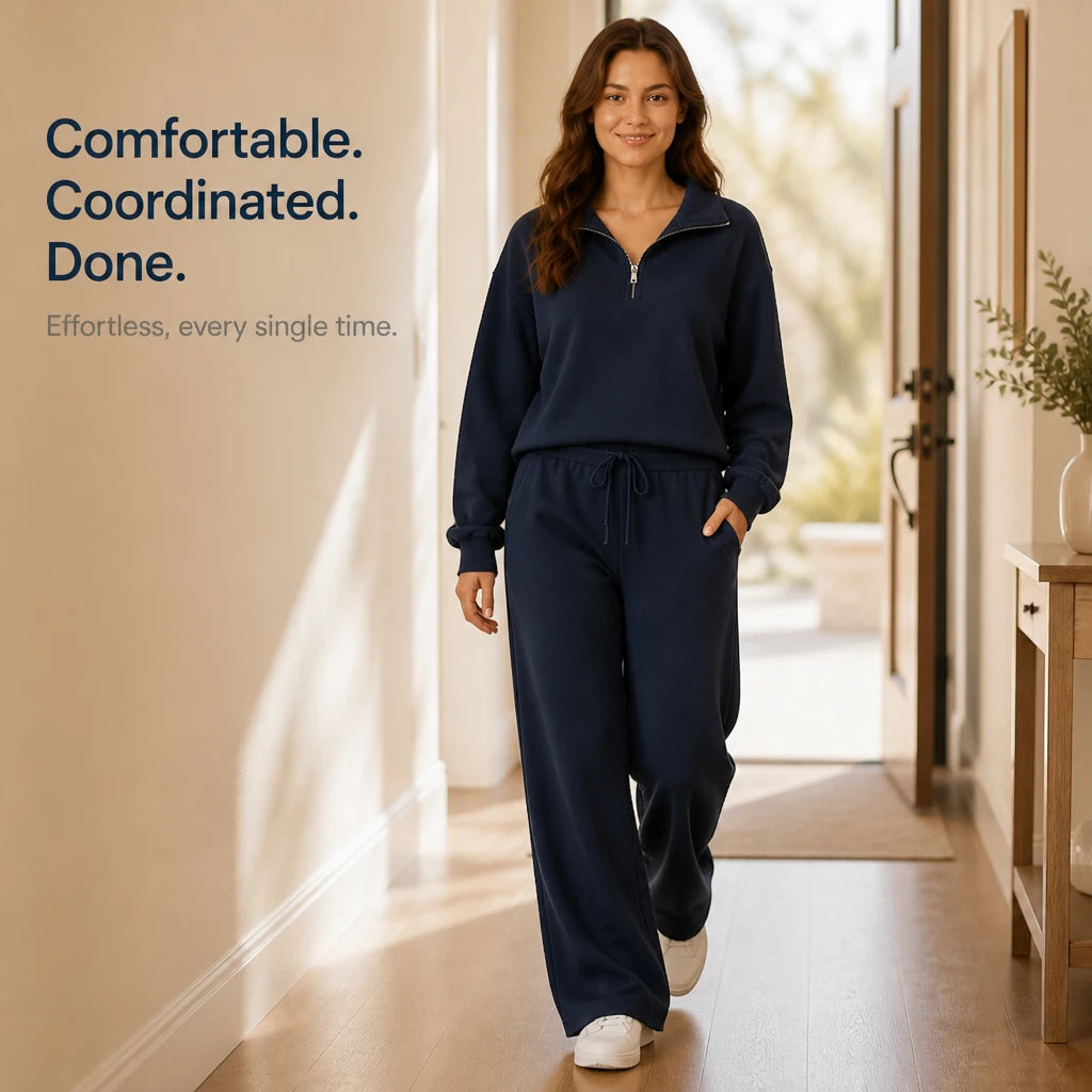Veya – Quarter-Zip Stand-Collar Blouse And Wide-Leg Trouser Set