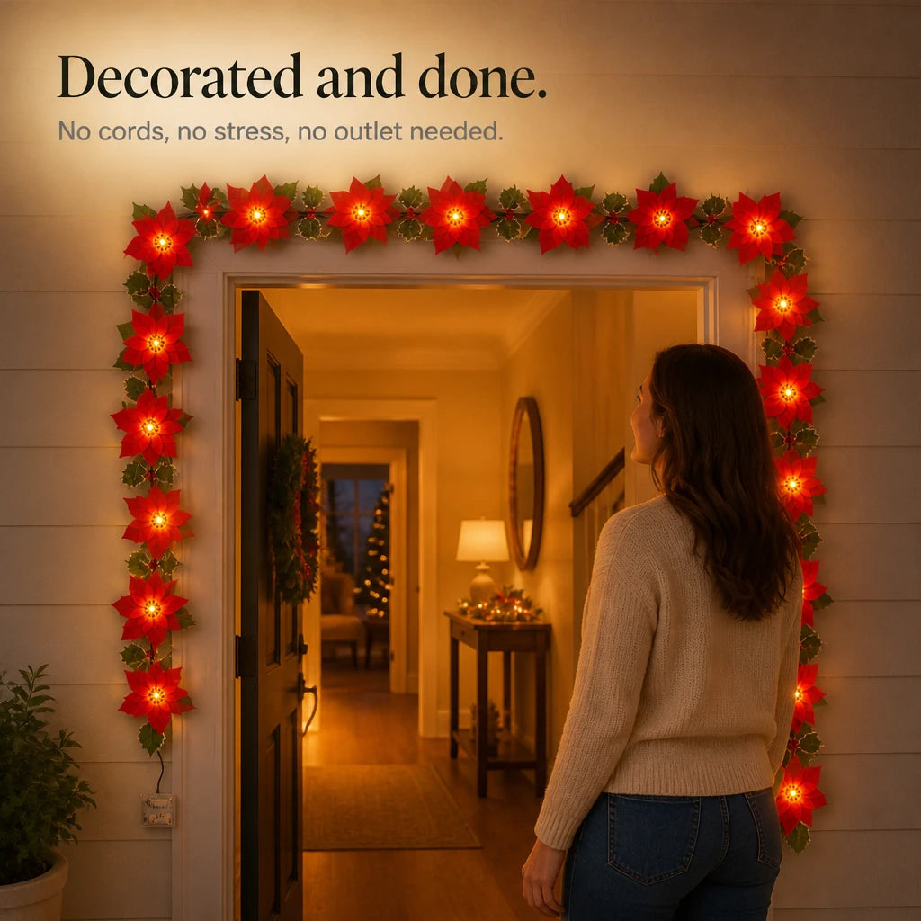Poinsettia Glow – Battery-Powered Poinsettia LED Garland