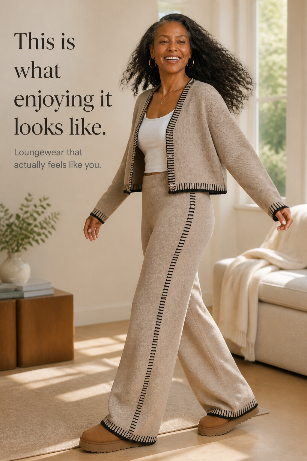 Linewear – Contrast Piping Knit Cardigan And Pants Set