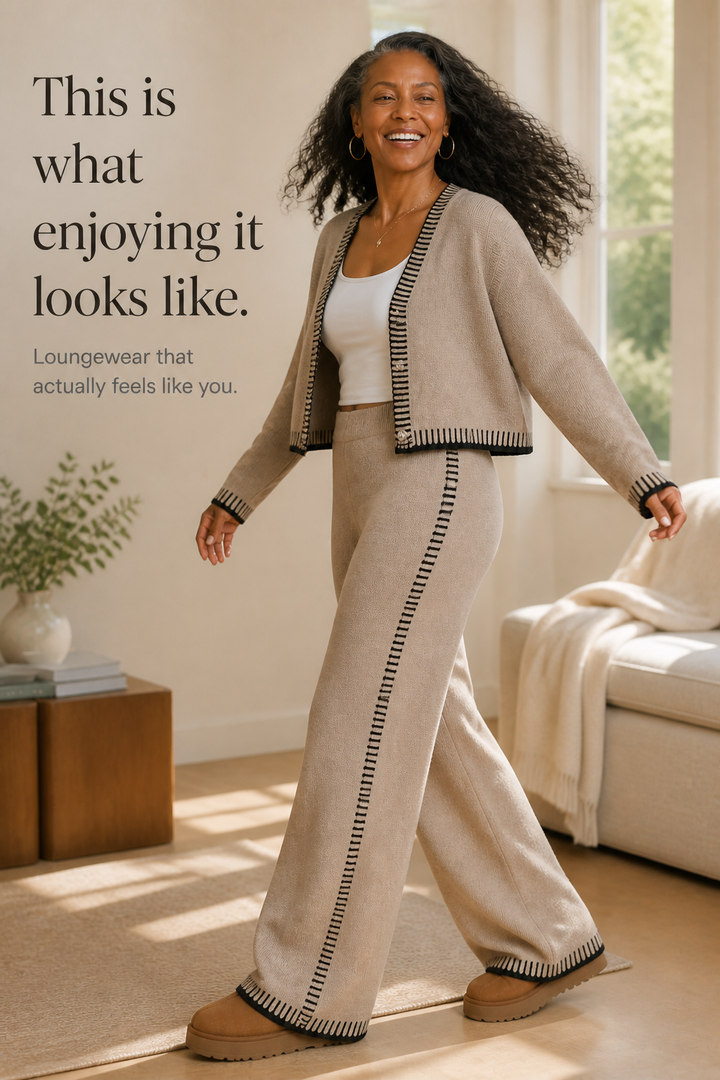 Linewear – Contrast Piping Knit Cardigan And Pants Set