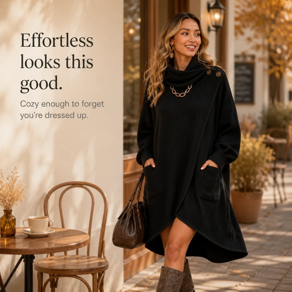 Cowlora – Asymmetric Cowl-Neck Sweater Dress
