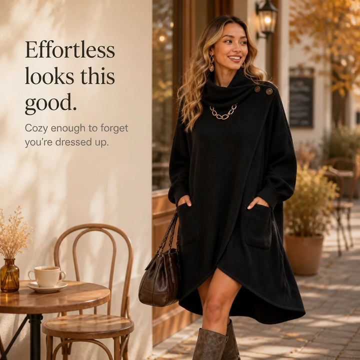 Cowlora – Asymmetric Cowl-Neck Sweater Dress